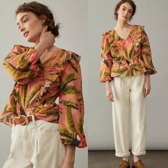 FARM Rio Tops - NWT Farm Rio Yasmine Ruffled Blouse Pink Combo Anthropologie Womens Top Tropical
